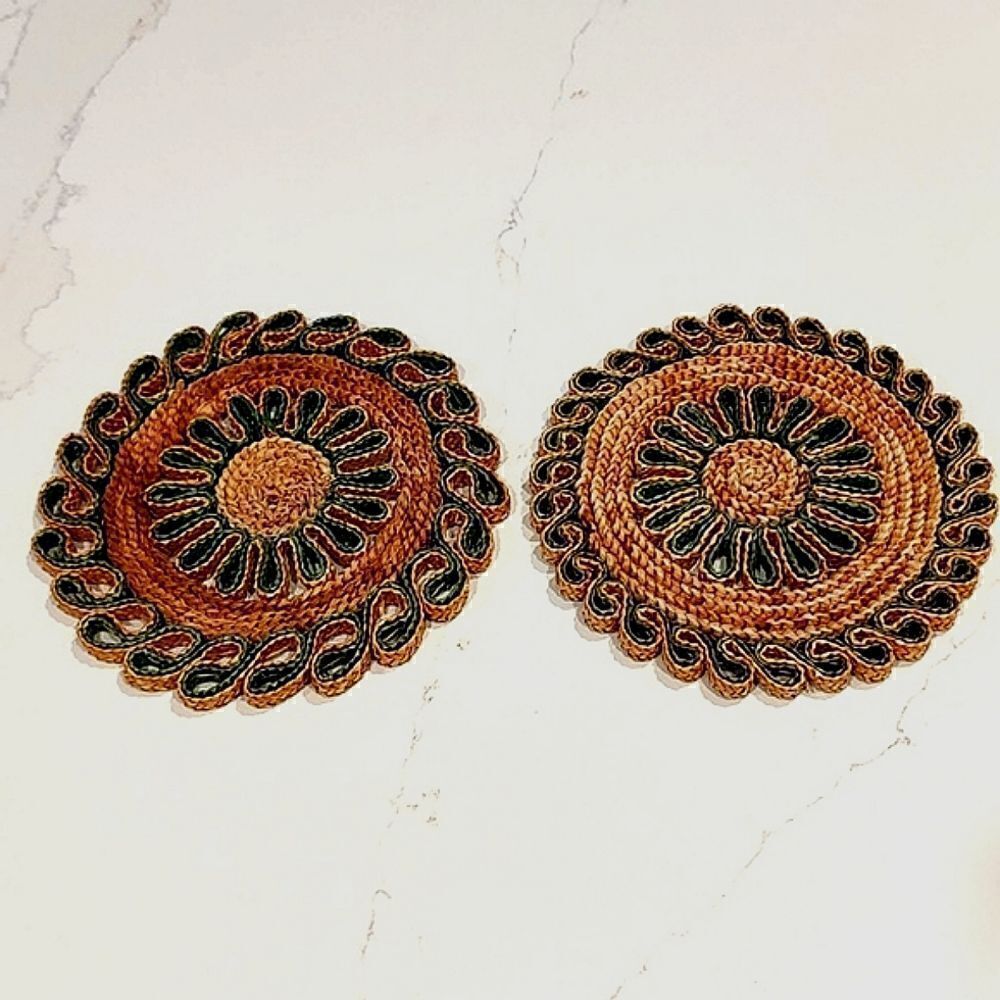 Round Woven Floral Trivets Set of 2 Vintage